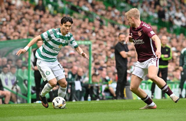 Hyunjan Yang of Celtic and Harry Milne of Hearts Celtic v Heart of Midlothian, William Hill Scottish Premiership, Football, Celtic Park, Glasgow, Scotland, UK - 16 May 2026Glasgow Celtic Park United Kingdom EDITORIAL USE ONLY No use with unauthorised audio, video, data, fixture lists, club league logos or live services. Online in-match use limited to 120 images, no video emulation. No use in betting, games or single club league player publications.  Copyright: xMarkxRunnacles Shutterstockx 16876830bn