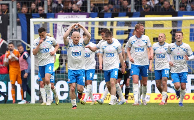 16 05 2026, Football, Men, 3 League, Season 2025 2026, 1 FC Saarbrücken FC Hansa Rostock, Maximilian Krauß FC Hansa Rostock celebrates his goal for 0 1 Saarbrücken Ludwigsparkstadion Saarland Germany DEU Copyright: xFabianxKleerx
