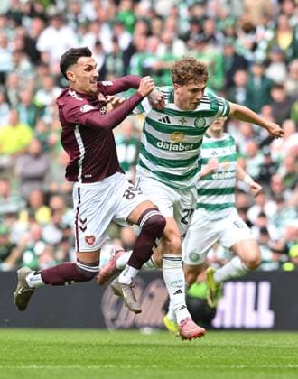 Alexandros Kyziridis of Hearts and Arna Engels of Celtic Celtic v Heart of Midlothian, William Hill Scottish Premiership, Football, Celtic Park, Glasgow, Scotland, UK - 16 May 2026Glasgow Celtic Park United Kingdom EDITORIAL USE ONLY No use with unauthorised audio, video, data, fixture lists, club league logos or live services. Online in-match use limited to 120 images, no video emulation. No use in betting, games or single club league player publications.  Copyright: xMarkxRunnacles Shutterstockx 16876830bu