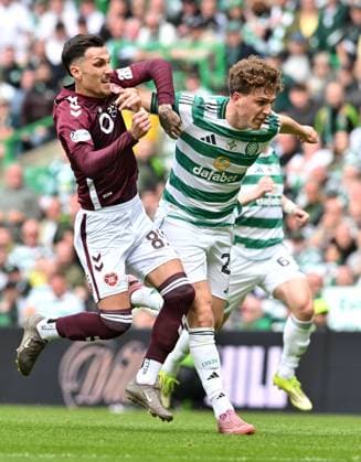 Alexandros Kyziridis of Hearts and Arna Engels of Celtic Celtic v Heart of Midlothian, William Hill Scottish Premiership, Football, Celtic Park, Glasgow, Scotland, UK - 16 May 2026Glasgow Celtic Park United Kingdom EDITORIAL USE ONLY No use with unauthorised audio, video, data, fixture lists, club league logos or live services. Online in-match use limited to 120 images, no video emulation. No use in betting, games or single club league player publications.  Copyright: xMarkxRunnacles Shutterstockx 16876830bv