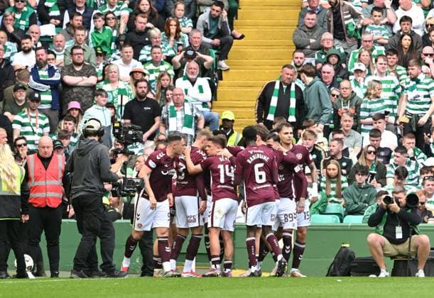 Lawrence Shankland of Hearts scores the opening goal Celtic v Heart of Midlothian, William Hill Scottish Premiership, Football, Celtic Park, Glasgow, Scotland, UK - 16 May 2026Glasgow Celtic Park United Kingdom EDITORIAL USE ONLY No use with unauthorised audio, video, data, fixture lists, club league logos or live services. Online in-match use limited to 120 images, no video emulation. No use in betting, games or single club league player publications.  Copyright: xMarkxRunnacles Shutterstockx 16876830ci