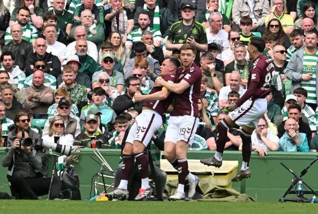Lawrence Shankland of Hearts scores the opening goal Celtic v Heart of Midlothian, William Hill Scottish Premiership, Football, Celtic Park, Glasgow, Scotland, UK - 16 May 2026Glasgow Celtic Park United Kingdom EDITORIAL USE ONLY No use with unauthorised audio, video, data, fixture lists, club league logos or live services. Online in-match use limited to 120 images, no video emulation. No use in betting, games or single club league player publications.  Copyright: xMarkxRunnacles Shutterstockx 16876830cg