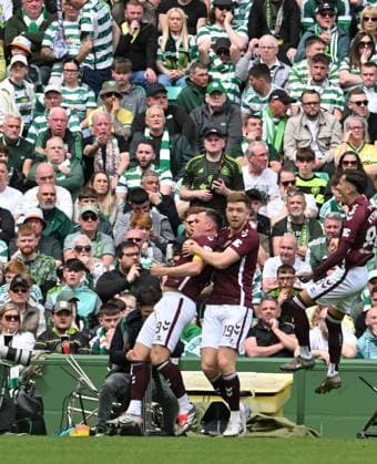 Lawrence Shankland of Hearts scores the opening goal Celtic v Heart of Midlothian, William Hill Scottish Premiership, Football, Celtic Park, Glasgow, Scotland, UK - 16 May 2026Glasgow Celtic Park United Kingdom EDITORIAL USE ONLY No use with unauthorised audio, video, data, fixture lists, club league logos or live services. Online in-match use limited to 120 images, no video emulation. No use in betting, games or single club league player publications.  Copyright: xMarkxRunnacles Shutterstockx 16876830ch