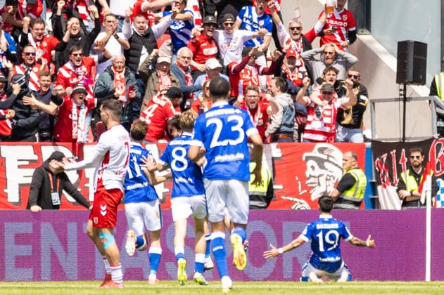 16 05 2026, Soccer, GER, Season, 3 Liga, Season 2025 2026, 38 Matchday, SSV Jahn Regensburg FC Energie Cottbus Cheering after the 1 0 by Jannis Boziaris Cottbus DFL REGULATIONS PROHIBIT ANY USE OF PHOTOGRAPHS AS IMAGE SEQUENCES AND OR QUASI VIDEO