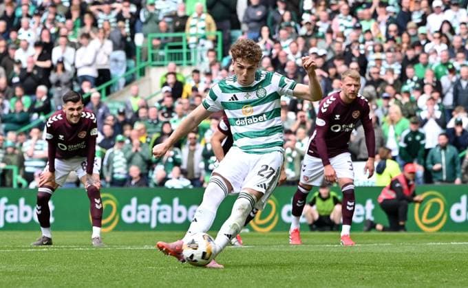 Arna Engels of Celtic scores a penalty Celtic v Heart of Midlothian, William Hill Scottish Premiership, Football, Celtic Park, Glasgow, Scotland, UK - 16 May 2026Glasgow Celtic Park United Kingdom EDITORIAL USE ONLY No use with unauthorised audio, video, data, fixture lists, club league logos or live services. Online in-match use limited to 120 images, no video emulation. No use in betting, games or single club league player publications.  Copyright: xMarkxRunnacles Shutterstockx 16876830cm