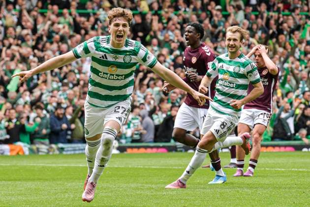 Celtic v Heart of Midlothian William Hill Premiership Arne Engels of Celtic scores his sides first goal of the match from the penalty spot and celebrates his goal during the William Hill Premiership match at Celtic Park, Glasgow 16 05 2026 UK Newspapers OUT Copyright: xJamiexJohnstonx FIL-23440-0065