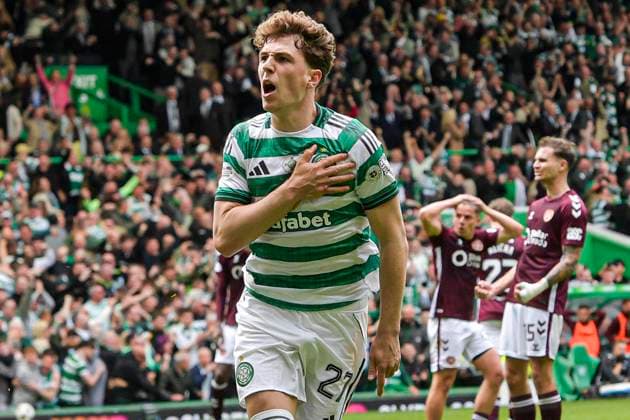 Celtic v Heart of Midlothian William Hill Premiership Arne Engels of Celtic scores his sides first goal of the match from the penalty spot and celebrates his goal during the William Hill Premiership match at Celtic Park, Glasgow 16 05 2026 UK Newspapers OUT Copyright: xJamiexJohnstonx FIL-23440-0079