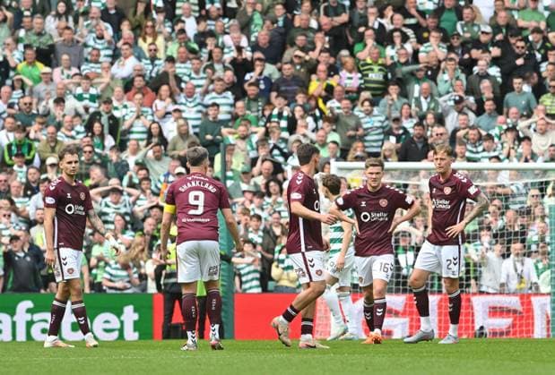 Hearts players react after Celtics second goal Celtic v Heart of Midlothian, William Hill Scottish Premiership, Football, Celtic Park, Glasgow, Scotland, UK - 16 May 2026Glasgow Celtic Park United Kingdom EDITORIAL USE ONLY No use with unauthorised audio, video, data, fixture lists, club league logos or live services. Online in-match use limited to 120 images, no video emulation. No use in betting, games or single club league player publications.  Copyright: xMarkxRunnacles Shutterstockx 16876830cw