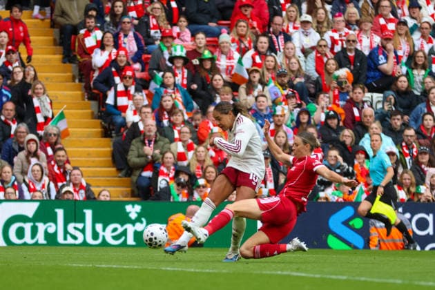 Liverpool FC Women v Arsenal FC women - Women s Super League 25 26 Arsenal s Olivia Smith shooting during match against Liverpool Women - Women s Super League 16.05.2026 Liverpool Anfield Stadium United Kingdom Copyright: xZacharyxLockex