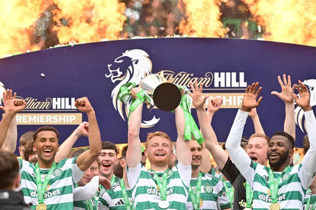 Liam Scales of Celtic lifts the SPFL trophy Celtic v Heart of Midlothian, William Hill Scottish Premiership, Football, Celtic Park, Glasgow, Scotland, UK - 16 May 2026Glasgow Celtic Park United Kingdom EDITORIAL USE ONLY No use with unauthorised audio, video, data, fixture lists, club league logos or live services. Online in-match use limited to 120 images, no video emulation. No use in betting, games or single club league player publications.  Copyright: xMarkxRunnacles Shutterstockx 16876830dg