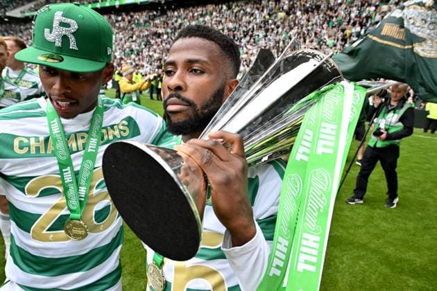 Kelechi Iheanacho of Celtic celebrates at full time Celtic v Heart of Midlothian, William Hill Scottish Premiership, Football, Celtic Park, Glasgow, Scotland, UK - 16 May 2026Glasgow Celtic Park United Kingdom EDITORIAL USE ONLY No use with unauthorised audio, video, data, fixture lists, club league logos or live services. Online in-match use limited to 120 images, no video emulation. No use in betting, games or single club league player publications.  Copyright: xMarkxRunnacles Shutterstockx 16876830dw