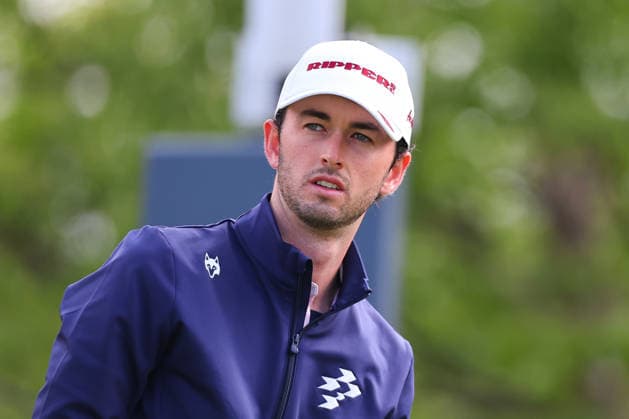 NEWTON SQUARE, PA - MAY 15: Davis Riley of the United States tees off at the tenth tee during Round two of the 2026 PGA, Golf Herren Championship on May 15, 2026 at Aronimink Golf Club in Newtown Square, Pennsylvania. (Photo by Rich Graessle Icon Sportswire) GOLF: MAY 15 PGA PGA Championship EDITORIAL USE ONLY Icon260515257862