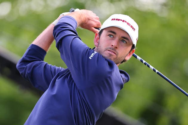 NEWTON SQUARE, PA - MAY 15: Davis Riley of the United States tees off at the tenth tee during Round two of the 2026 PGA, Golf Herren Championship on May 15, 2026 at Aronimink Golf Club in Newtown Square, Pennsylvania. (Photo by Rich Graessle Icon Sportswire) GOLF: MAY 15 PGA PGA Championship EDITORIAL USE ONLY Icon260515257872