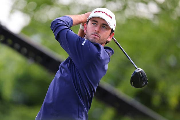 NEWTON SQUARE, PA - MAY 15: Davis Riley of the United States tees off at the tenth tee during Round two of the 2026 PGA, Golf Herren Championship on May 15, 2026 at Aronimink Golf Club in Newtown Square, Pennsylvania. (Photo by Rich Graessle Icon Sportswire) GOLF: MAY 15 PGA PGA Championship EDITORIAL USE ONLY Icon260515257892
