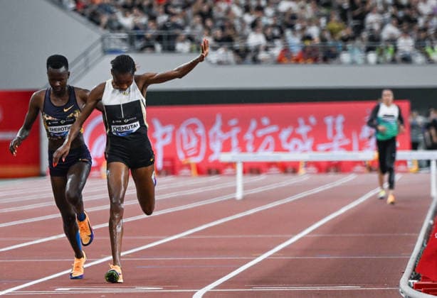Wanda Diamond League 2026 - Shanghai Keqiao SHAOXING, CHINA - MAY 16: Peruth Chemutai of Uganda celebrates as she crosses the finish line to win the women s 3000m steeplechase race just ahead of Faith Cherotich of Kenya during the Yangtze River Delta Athletics Diamond Gala, the Shanghai Keqiao leg and opening meeting of the 2026 Wanda Diamond League circuit, at the China Textile City Sports Center in Keqiao, Shaoxing, Zhejiang province, China, on May 16, 2026. Artur Widak Anadolu Shaoxing China. Editorial use only. Please get in touch for any other usage.  Copyright: x2026xAnadoluxArturxWidakx