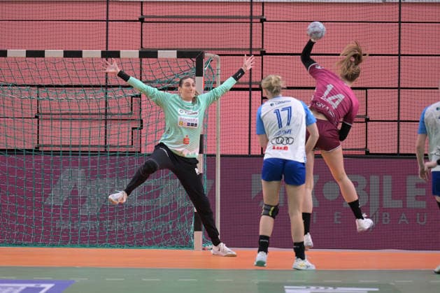 Lena Ivancok Sport Union Neckarsulm, 29 in goal against Klara Schlegel TusSies Metzingen, 14 on throw goal TusSies Metzingen vs Sport Union Neckarsulm , Handball, Alsco HBF, 5 Play Off League Matchday, Season 2025 2026, 16 05 2026 TusSies Metzingen vs Sport Union Neckarsulm , Handball, Alsco HBF, 5 Play Off League Matchday, Season 2025 2026, 16 05 2026 Tuebingen Copyright: xEibner-Pressefoto TobiasxBaurx EP_TBR