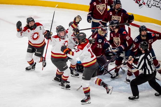 May 16, 2026, Laval, Pq, Canada: Ottawa Charge s Gabbie Hughes (17), right, celebrates her goal against Montreal Victoire with teammates during first period PWHL playoff hockey action in Laval, Que., on Saturday, May 16, 2026. Canada News - May 16, 2026  - ZUMAc35_ 20260516_zaf_c35_002 Copyright: xChristopherxKatsarovx