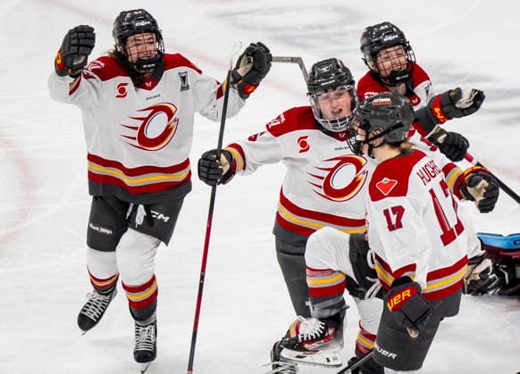 May 16, 2026, Laval, Pq, Canada: Ottawa Charge s Gabbie Hughes (17), right, celebrates her goal against Montreal Victoire with teammates during first period PWHL playoff hockey action in Laval, Que., on Saturday, May 16, 2026. Canada News - May 16, 2026  - ZUMAc35_ 20260516_zaf_c35_003 Copyright: xChristopherxKatsarovx