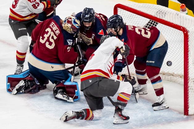 May 16, 2026, Laval, Pq, Canada: Ottawa Charge s Gabbie Hughes (17) scores on Montreal Victoire goaltender Ann-Renee Desbiens (35) while teammates Marie-Philip Poulin (29) and Maggie Flaherty (91) defend, during first period PWHL playoff hockey action in Laval, Que., on Saturday, May 16, 2026. Canada News - May 16, 2026  - ZUMAc35_ 20260516_zaf_c35_004 Copyright: xChristopherxKatsarovx