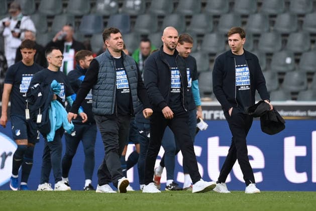 Paul Pajduch Technical Director TSG Hoffenheim , Coach Christian Ilzer 1899 Hoffenheim , Andreas Schicker Managing Director Sport TSG Hoffenheim , v re , after the match 16 05 2026, Soccer 1 Bundesliga, Season 2025 2026, Matchday 34, Borussia Mönchengladbach TSG Hoffenheim 4 0 DFL regulations prohibit any use of photographs as image sequences and or quasi video Moenchengladbach Borussia Park Nordrhein Westfalen Germany Team2