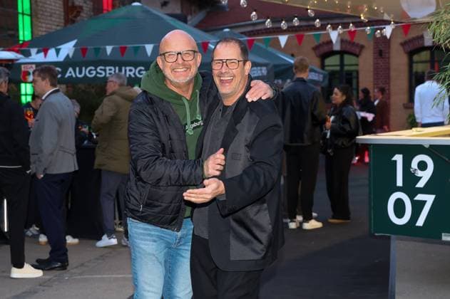l r stadium announcer Rolf Stoermann FC Augsburg and Andreras Kahn Feinkost Kahn , FC Augsburg end-of-season party, Football, 1 Bundesliga, 34 Matchday, 16 05 2026 DFL DFB regulations prohibit any use of photographs as image sequences and or quasi video Augsburg Bayern Germany Copyright: xkolbert-press ChristianxKolbertx