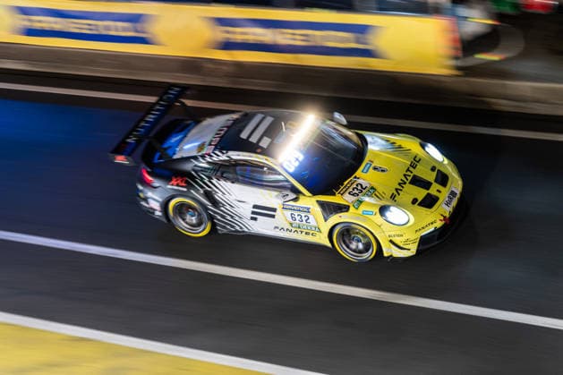 The Porsche 911 GT3 Cup 992 1 with the starting number 637 from the BLACK FALCON Team FANATEC with the drivers Jimmy Broadbent, Steve Brown, Misha Charoudin and Manuel Metzger drives during the 24h race at night in the pit lane on the Grand Prix circuit of the Nürburgring Nürburg Rhineland-Palatinate Germany