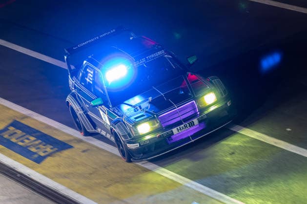 The HWA EVO R with starting number 61 from the HWA Engineering Speed team with drivers Adam Adelson, Lance David Arnold, James Green and Renger Van der Zande will drive at night on the Nürburgring Grand Prix circuit in Nürburg, Rhineland-Palatinate, Germany during the 24-hour race