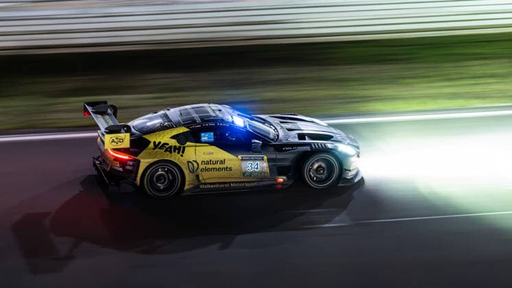 The Aston Martin Vantage AMR GT3 EVO with starting number 34 from the natural elements by Walkenhorst Motorsport team with drivers Christian Krognes, Mattia Drudi, Nicki Thiim and Felipe Fernadez Laser will drive at night on the Nürburgring Grand Prix circuit in Nürburg Rhineland-Palatinate Germany during the 24-hour race.
