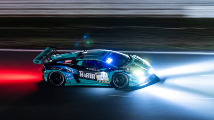 The Lamborghini Huracan GT3 EVO2 with starting number 7 from the Konrad Motorsport team with drivers Patricija Stalidzane, Maximilian Paul, Christian Engelhart and Pavel Lefterov drives at night during the 24h race on the Nürburgring Grand Prix circuit Nürburg Rhineland-Palatinate Germany