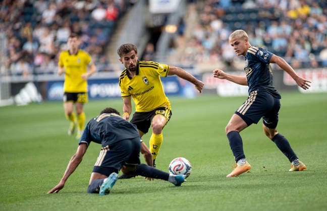 May 16, 2026, Philadelphia, Pennsylvania, United States: Philadelphia UnionÃ¢â‚¬â ¢s NATHAN HARRIEL (26) and CAVAN SULLIVAN (6) fight for the ball against Columbus CrewÃ¢â‚¬â ¢s DIEGO ROSSI (10) during the match at Subaru Park in Chester PA Soccer 2026: Union 1-1 Columbus Crew  - ZUMArf1_ 20260516_zaf_rf1_008 Copyright: xRickyxFitchettx