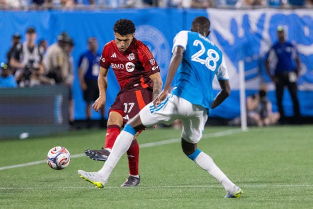 May 16, 2026: Toronto FC forward Emilio Aristizabal (17) passes the ball by Charlotte FC midfielder Djibril Diani (28) during the second half of the Major League Soccer match up at Bank of America Stadium in Charlotte, NC. ( CSM) Charlotte United States - ZUMAc04_ 20260516_zma_c04_036 Copyright: xScottxKinserx