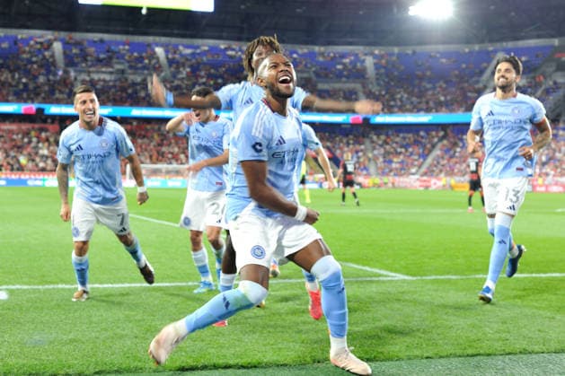 May 16, 2026, Harrison, New Jersey, USA: NYCFC midfielder ANDRES PEREA (8) celebrates his goal at Sports Illustrated Stadium in Harrison New Jersey New York City FC draws with New York Red Bulls 1 to 1 MLS, Fussball Herren, USA 2026 - New York City FC 1:1 New York Red Bulls  - ZUMAa301 20260516_aaf_a301_029 Copyright: xBrooksxVonxArxx