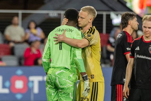 May 16, 2026, Washington, District Of Columbia, United States: St. Louis City SC goalkeeper Roman BoÂ¼rki embraces D.C. United goalkeeper Sean Johnson following an MLS, Fussball Herren, USA match at Audi Field. DC United Vs St. Louis CITY SC  - ZUMAk206 20260516_znp_k206_002 Copyright: xMattxKaminskyx