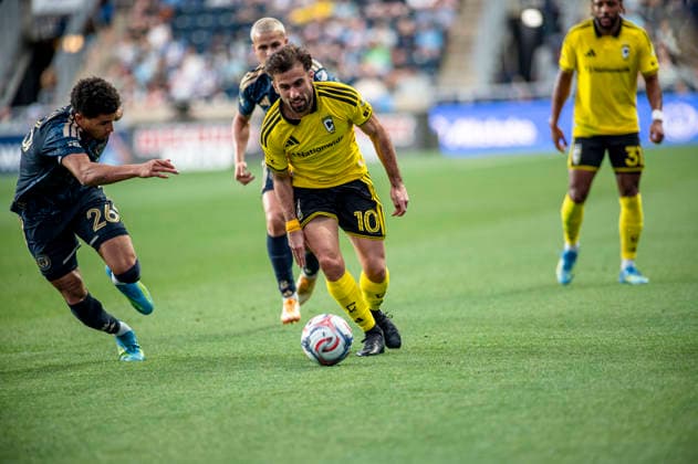 May 16, 2026, Philadelphia, Pennsylvania, United States: Philadelphia UnionÃ¢â‚¬â ¢s NATHAN HARRIEL (26) and CAVAN SULLIVAN (6) fight for the ball against Columbus CrewÃ¢â‚¬â ¢s DIEGO ROSSI (10) during the match at Subaru Park in Chester PA Philadelphia United States - ZUMArf1_ 20260516_zaf_rf1_009 Copyright: xRickyxFitchettx