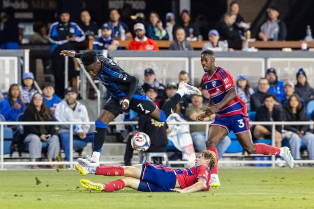 SAN JOSE, CA - MAY 16: Ousseni Bouda 7 of the San Jose Earthquakes jumps over Nolan Norris 32 of FC Dallas during a match on May 16, 2026 at PayPal Park in San Jose, CA. (Photo by Matthew Huang Icon Sportswire) SOCCER: MAY 16 MLS, Fussball Herren, USA San Jose Earthquakes vs FC Dallas EDITORIAL USE ONLY Icon260516014