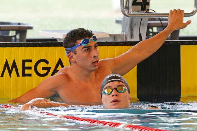 16 05 2026 Swimming 61 International Swimming Festival Nordbad DSW Darmstadt here WK120 A Final 50m Freestyle here at the finish line waiting for results right Niclas Keilmann 2007 SG Frankfurt left Youssef Omran 2005 DSW 1912 Darmstadt Darmstadt Hessen Germany