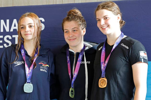 16 05 2026 Swimming 61 International Swimming Festival Nordbad DSW Darmstadt here WK117 A Final 200m Breaststroke Award Ceremony left Mila Kleinert 2011 DSW 1912 Darmstadt center Milena Auer 2009 DSW 1912 Darmstadt right Vanessa Vavricka 2011 SV Würzburg 05 Darmstadt Hessen Germany