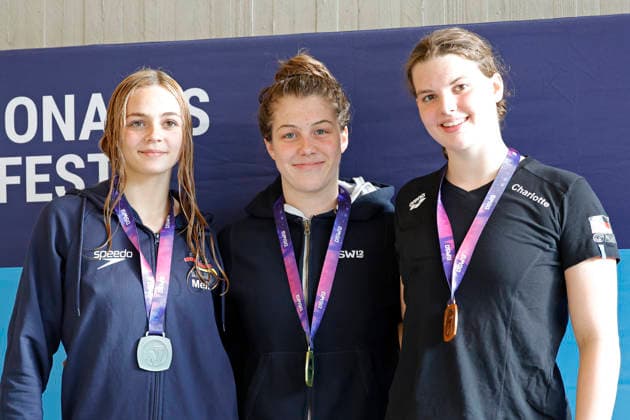 16 05 2026 Swimming 61 International Swimming Festival Nordbad DSW Darmstadt here WK117 A Final 200m Breaststroke Award Ceremony left Mila Kleinert 2011 DSW 1912 Darmstadt center Milena Auer 2009 DSW 1912 Darmstadt right Vanessa Vavricka 2011 SV Würzburg 05 Darmstadt Hessen Germany