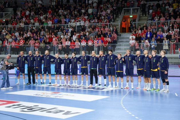 Croatia v Sweden: Internation Friendly Handball Match Players of Sweden line up for national anthem prior to the International Friendly, Länderspiel, Nationalmannschaft handball match between Croatia and Sweden at Arena Varazdin on May 16, 2026.  SanjinxStrukic PIXSELL