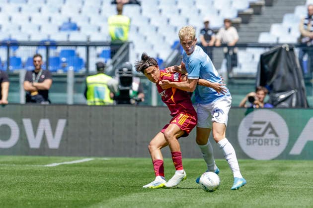 Italy: Serie a football match AS Roma vs SS Lazio Roma™s Argentinian forward Paulo Dybala challenges for the ball with lazio™s Danish defender Oliver Provstgaard during the Serie A football match between AS Roma vs SS Lazio at the Olimpico Stadium in Rome, Italy on March 17, 2026. _BPH3075_1 Copyright: xAntonioxBalascox