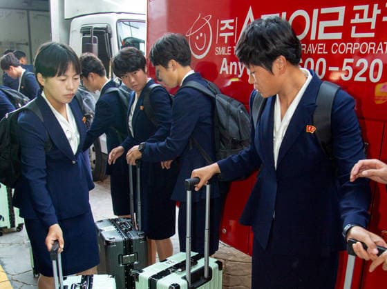 Naegohyang Women s FC, May 17, 2026 : Members of Pyongyang-based Naegohyang Women s FC arrive at a hotel in Suwon, about 30 km south of Seoul, South Korea. Naegohyang s 27 players and 12 members of their staff traveled from Beijing. The North Korean women s football club will take on Suwon FC Women of South Korea in the semifinals of the AFC Women s Champions League at Suwon Stadium in Suwon on Wednesday. The other semifinal match will pit Melbourne City FC against Nippon TV Tokyo Verdy Beleza on Wednesday at Suwon Stadium. The final is scheduled on Saturday at Suwon Stadium. The Women s Champions League is Asia s top women s club competition and offers US$1 million to the champions.  aflo_330804353