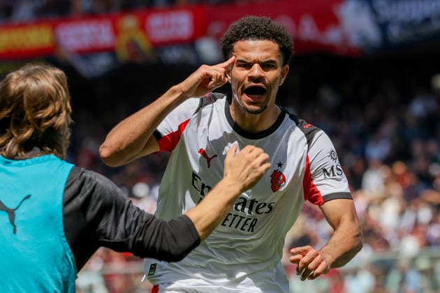 MilanÕs Athekame celebrates after scoring a goal for his team during the Serie A soccer match between Genoa and Milan at the Luigi Ferraris Stadium in Genoa, Italy - Sunday, May 17, 2026. - Soccer .  Copyright: xTanoxPecoraro LaPressex