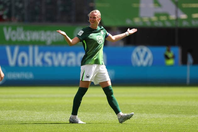 VfL vs Nuremberg, BL Women Wolfsburg, 17 05 2026, Football, Women, Google Pixel Bundesliga, Season 2025 2026, VfL Wolfsburg vs 1 FC Nuremberg Alexandra Popp VfL Wolfsburg cheers after her goal for 2 0 AOK Stadion Niedersachsen Germany