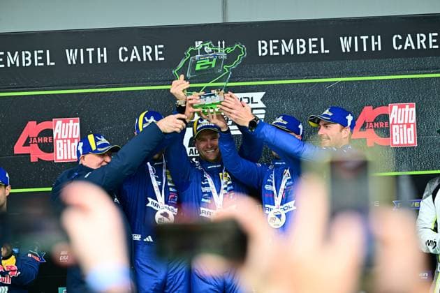 The drivers of Mercedes AMG Team RAVENOL with starting number 80 lift the Nürburgring trophy on the podium The team secures a top placing at the 24-hour race on the Nordschleife Mercedes AMG Team RAVENOL 80 celebrates podium success at the 24h Nürburgring Copyright: xMichaelxGelhardtx