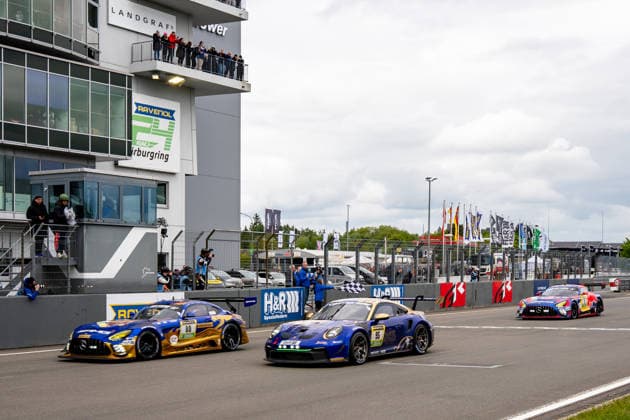 Mercedes AMG Team RAVENOL SP 9 80 wins the 24h race 2026 at the Nürburring together with BLACK FALCON Team EAE SP 9 5 and Mercedes AMG Team Verstappen Racing SP 9 3 at the finish in Rhineland-Palatinate Germany