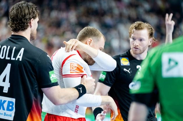 Dortmund 17 05 2026, Handball, Men, International, Germany Denmark Simon Bogetoft Pytlick Denmark, 43 after a duel with Tom Kiesler Germany, 30 and Johannes Golla Germany, 4