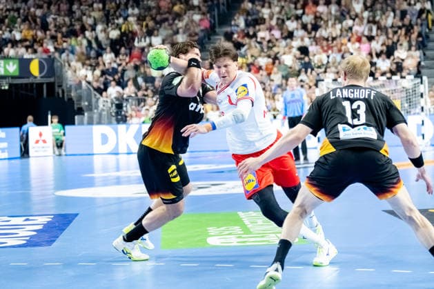 Dortmund 17 05 2026, Handball, Men, International match, Germany Denmark Lasse Kjaer Moller Denmark, 64 in duel with Johannes Golla Germany, 4