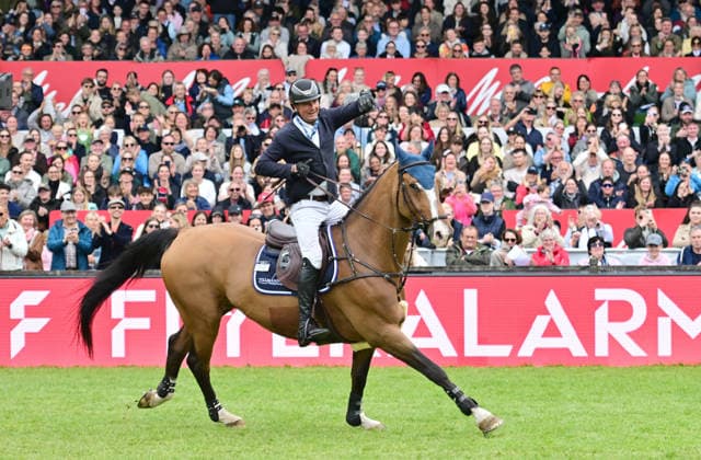 GER Al Shira aa German Jumping Dressage Derby Hamburg, Al Shira aa 95 German Jumping Derby 17 05 2026, GER Al Shira aa German Jumping Dressage Derby Hamburg, PAl Shira aa 95 German Jumping Derby presented by Melitta CSI4 Al Shira aa Derby Tour Final in the picture Frederic Tillmann GER on DSP Comanche VL Frederic Tillmann cheers nordphotoxGmbH xWitke nph00002