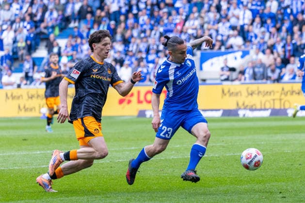 Germany 2 Bundesliga, Matchday 34, Season 2025 2026, 1 FC Magdeburg vs 1 FC Kaiserslautern Avnet Arena Magdeburg Atik Baris 1 FC Magdeburg, 23 in duel against Robinson Leon 1 FC Kaiserslautern, 37 Copyright: xMichellexLukax