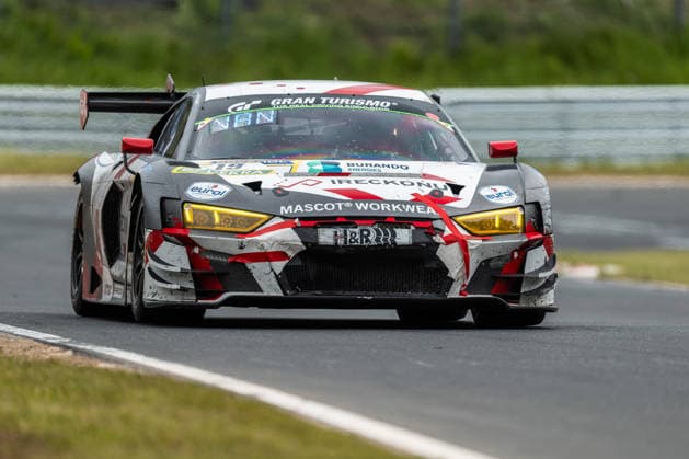 The Audi R8 LMS GT3 evo II with starting number 19 from the Max Kruse Racing team with drivers Jan Jaap van Roon, Tom Coronel, Christian Kohlhaas and Duncan Huismann will race on the Nordschleife of the Nürburgring Nürburg Rhineland-Palatinate Germany during the 24-hour race